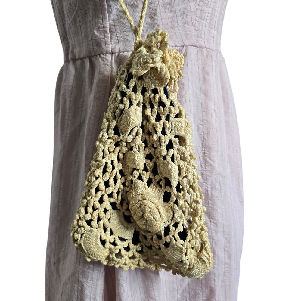Antique Edwardian Crochet Reticule Purse Floral Rose Drawstring Hand Made